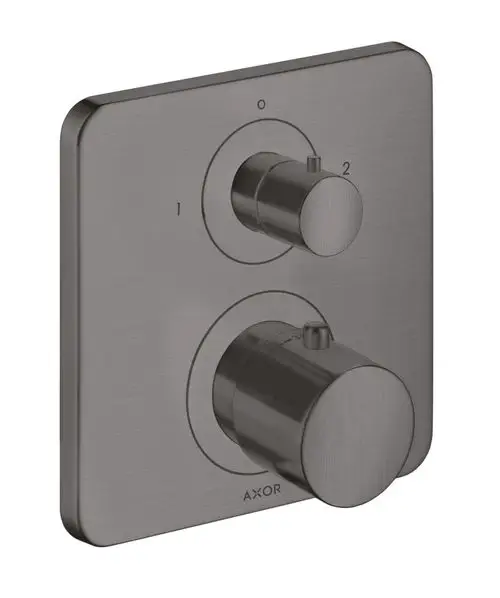 Thermostat mit zwei Drehreglern zur Temperaturregelung, montiert auf einer quadratischen Platte, Marke AXOR, in brushed black chrome.